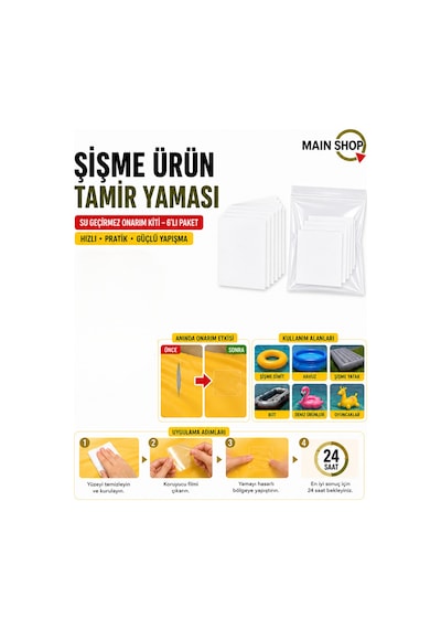 Mainshop 6'lı Set Pratik Şişme Simit, Havuz Ve Deniz Botu Tamir Yaması - Kendinden Yapışkanlı Onarım Seti M-51