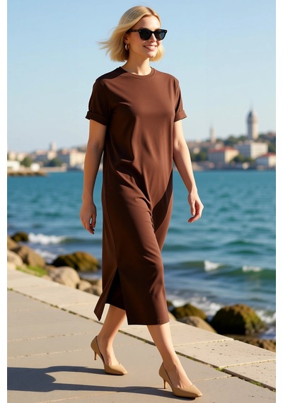 Benerly Kadın Bisiklet Yaka Kısa Kol Midi T-shirt Elbise %100 Pamuk Süpre Koyu Kahverengi