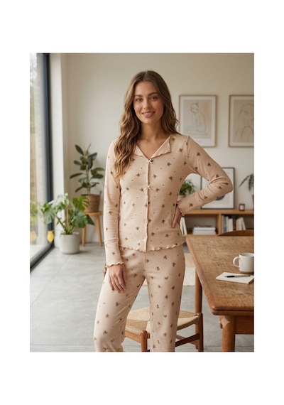 Kadın Uzun Kollu Desenli Fiyonk Detaylı Kaşkorse Kumaş Pijama Takımı Vizon