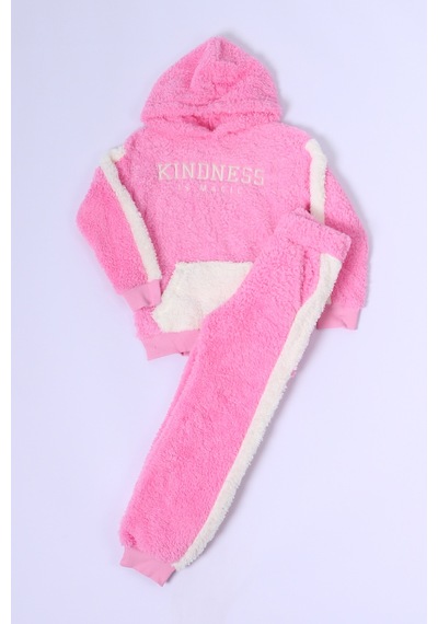 Kız Çocuk Peluş Eşofman Takımı Nakışlı Kapüşonlu D48 Pembe