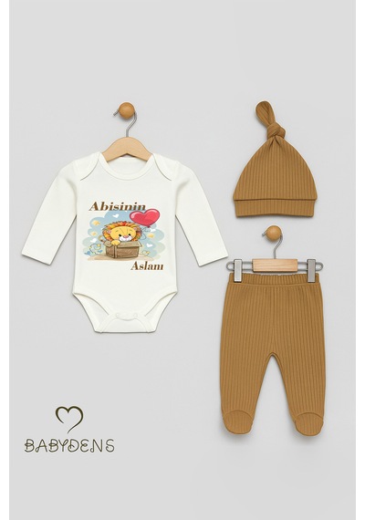 Babyden's Abisinin Aslanı Yazılı 3 Lü Bebek Takımı Uzun Kollu Çıtçıtlı Body,fitilli Patikli Pantolon Şapka Set Açık Kahverengi