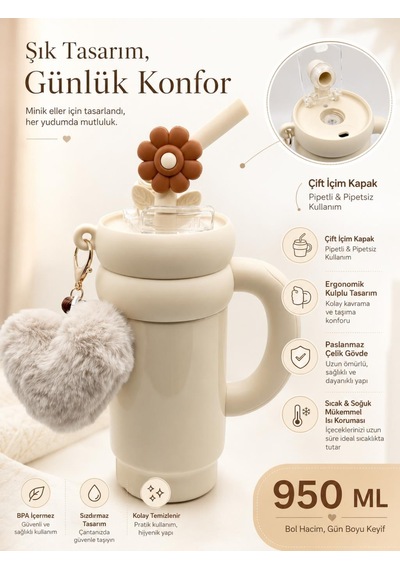Cocosmile Cs-8826 Krem 950 Ml Çift İçim Paslanmaz Çelik Termos Mug