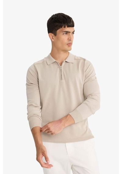 Defacto Standart Fit Normal Kesim Fermuarlı Polo Yaka Triko Kazak D0621AX24AU Bej