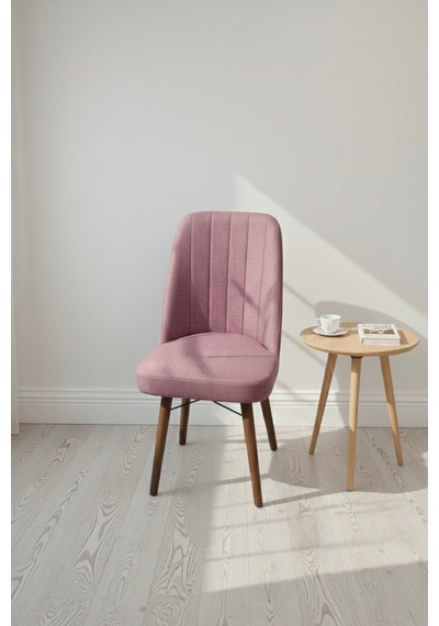 Nora 6 Adet Sandalye - Keten Kumaşlı Sandalye Modern Ahşap Ayaklı Yemek & Çalışma Sandalyesi Minimal Tasarım Pembe