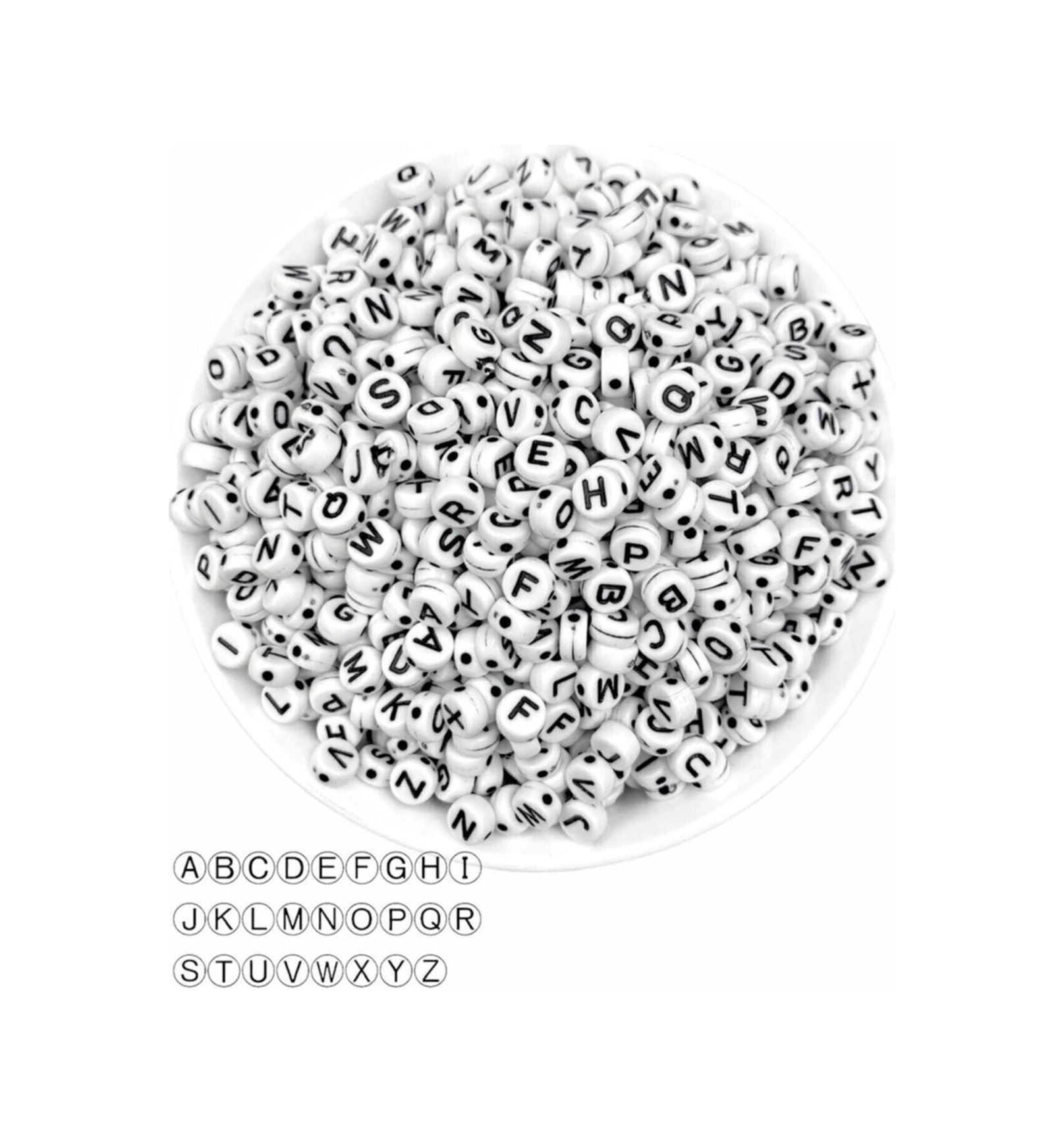 Harf Boncuk, 4x7 Mm Yassı Beyaz Üzeri Siyah Harf Boncuk 200 Adet