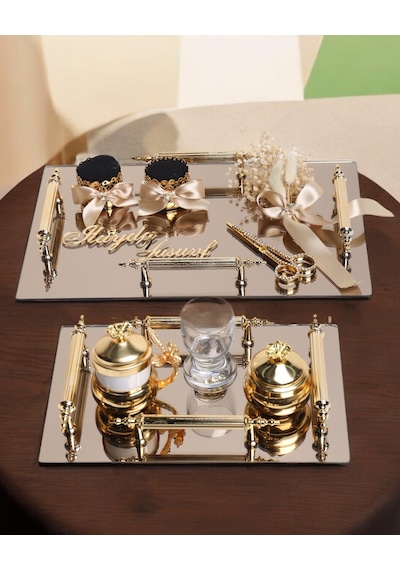 Gold Ayna 4 Kulplu Dikdörtgen Söz Nişan Tepsisi Ve Damat Kahve Fincan Tepsisi Bronz Bronz