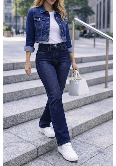 Cedy Denim Kadın Boru Paça Yüksek Bel Regular Fit Likralı Pantolon Mavi
