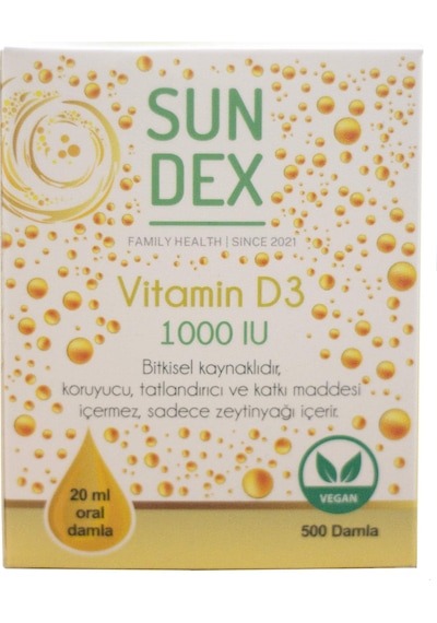 Sundex Vitamin D3 1000 Iu 500 Damla 20 Ml Bitkisel Kaynaklı