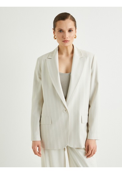 Koton Oversize Blazer Ceket Tek Düğmeli Kapaklı Cepli Bej Çizgili 4sak50088uw Ekru