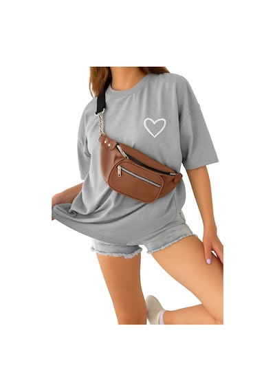 Kalp Baskılı Unisex Oversize Tişört Gri