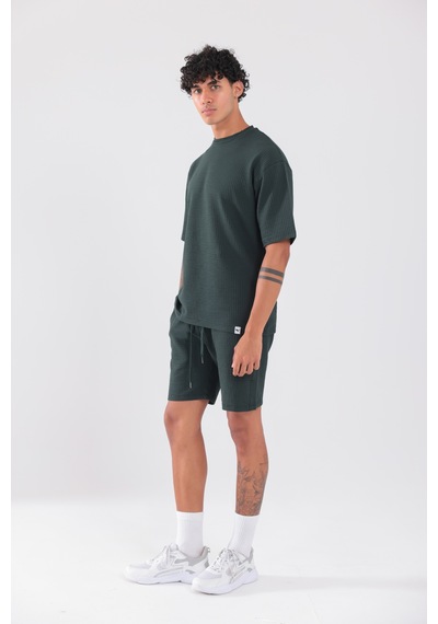 Rowinger Waffle Dokulu Oversize T-shirt Ve Şort Erkek Takım Darkgreen