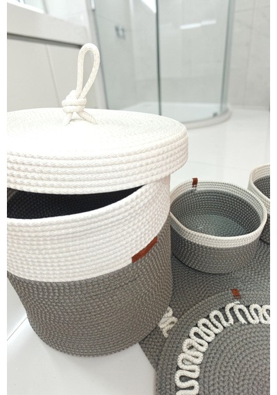 El Yapımı Dekoratif Örgülü Model 5'li Banyo Seti 2 Li Paspas 50x80 Cm Ve 40x60 Cm + Sepetler 18x18 Cm & Çamaşır Sepeti 35x33 Cm Gri