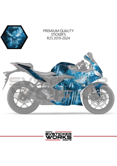 Yamaha R25 Sticker Kaplama Punisher Kaplama Modeli Hazır Kit 2019 / 2024 Uyumlu Siyah