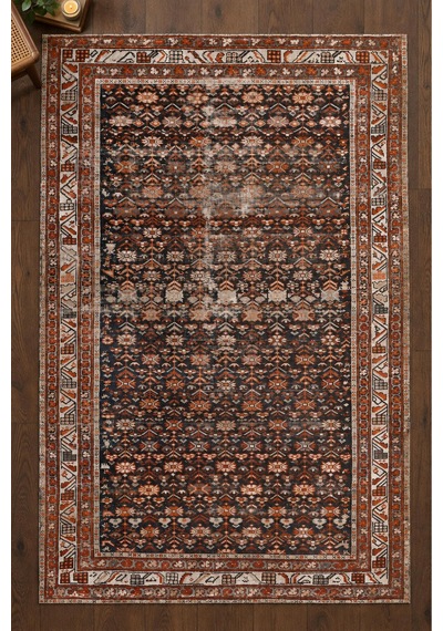 Artloop İstanbul Kahverengi Etnik Vintage Desenli Dokuma Tabanlı Şönil Halı Al 636 Kahverengi - Etknik