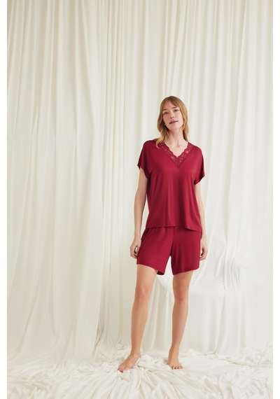 İkikareshop Kısa Kollu Dantelli V Yaka Şort Pijama Takımı Çok Renkli