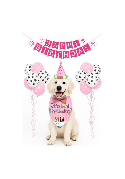 Köpek Kedi Doğum Günü Seti Bandana Şapka Afiş Parti Dekorasyonu, Şapyon Tasma Aksesuarı, Erkek Pembe