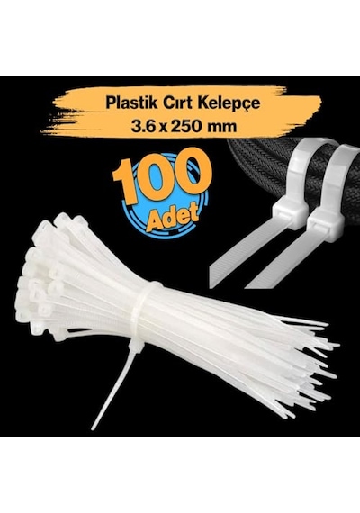 Plastik Cırt Kelepçe 100 Adet 3.6x250 Mm Beyaz Renk Zip Kablo Bağı Çok Amaçlı Bağlama 0.5 MM