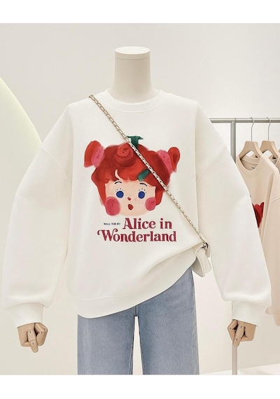 Benroma 3 İplik Penye Alice İn Wonderland Baskılı Unisex Sweatshırt Beyaz