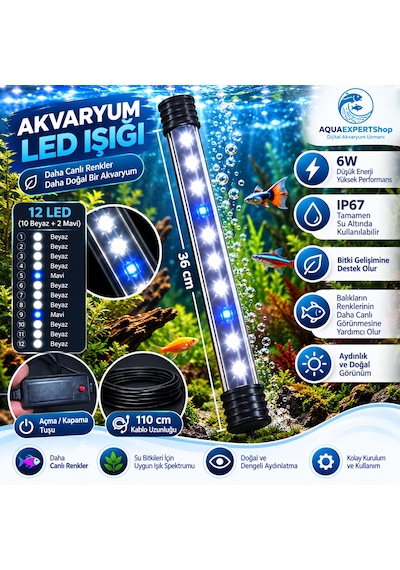 Akvaryum Işığı - Balık Işığı - 36 Cm - 12 Led - Mavi Beyaz - Açma Kapatma Tuşlu - 6w - Güçlü Işık