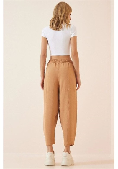 Chiklet Belden Lastikli Ayrobin Şalvar Pantolon Bisküvi Camel