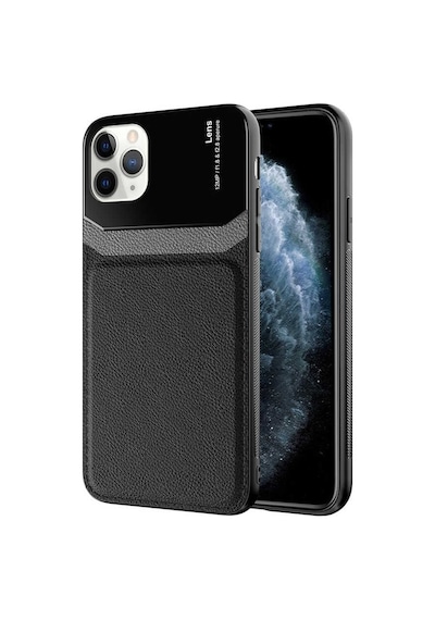 Noktaks - İphone 11 Pro Uyumlu Kılıf Deri Görünümlü Kamera Adası Parlak Emiks Kapak - Siyah - T19160