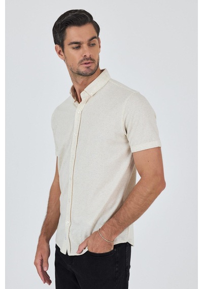 İmza Ekru Kısa Kol Düz Örme Düğmeli Yaka Cepsiz Pamuklu Classic Slim Fit Gömlek 1004250155 609 Ekru