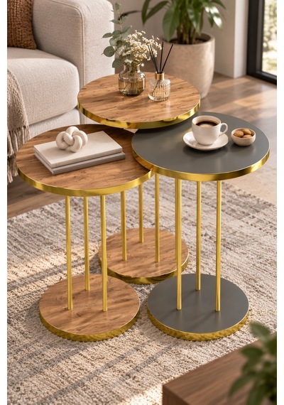 Sulorahome Ceviz Desenli Gold Ayaklı Yuvarlak 3'lü Zigon Sehpa Takımı Altın - Kahverengi