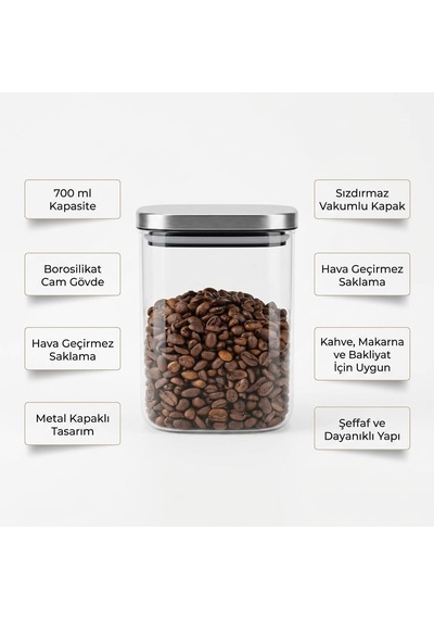 Lexroo 700ml Sızdırmaz Vakumlu Metal Kapaklı Borosilikat Cam Kavanoz Çok Renkli