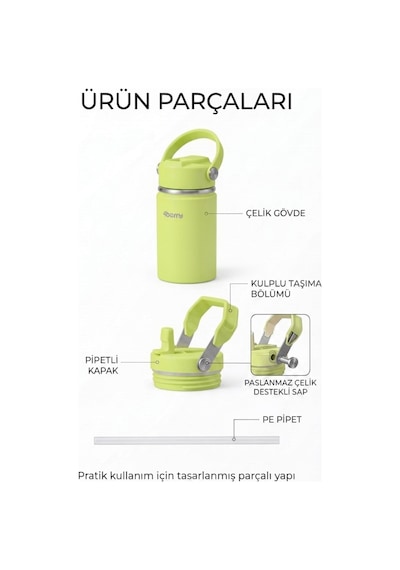 350 Ml Kulplu Pipetli Çelik Termos Bardak Bpa Free, Taşınabilir Mini Termos, Yeşil
