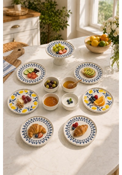 Mavi Limon 11 Parça 6 Kişilik Handmade Stackable Seramik Tabak Seti Premium Sunum & Kahvaltı Takımı Beyaz