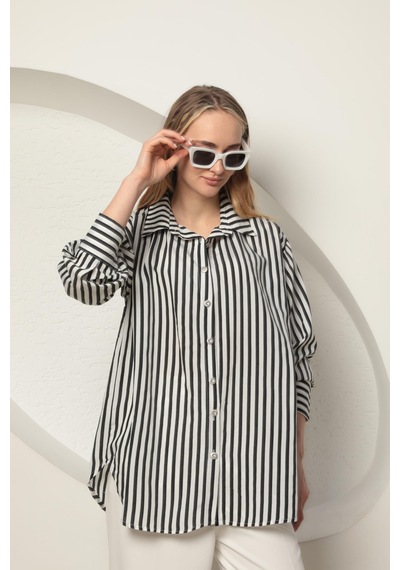 Chıcnhappy Poplin Kalın Çizgi Kadın Gömlek Siyah 24pn50610147 Siyah