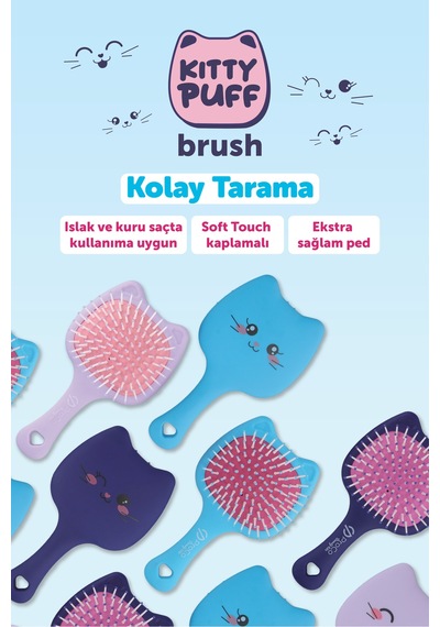 Beauty Kids Kitty Puf Açma Tarama Saç Fırçası Mor