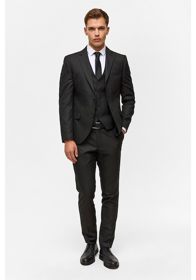 Süvari Siyah Slim Desenli Mono Yaka 6 Drop Yelekli Takım Elbise-38744 Siyah