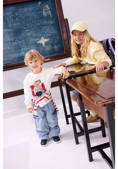Defacto %100 Pamuk Oversıze Bisiklet Yaka Ayıcık Baskılı Sweatshirt Kumaşı Sweatshirt Erkek Bebek H9785a526auer118 Ekru-er118