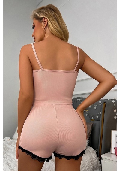 Ang Butik Kadın Pembe Alt Ve Üst Dantel Detaylı Şortlu Gecelik Takımı