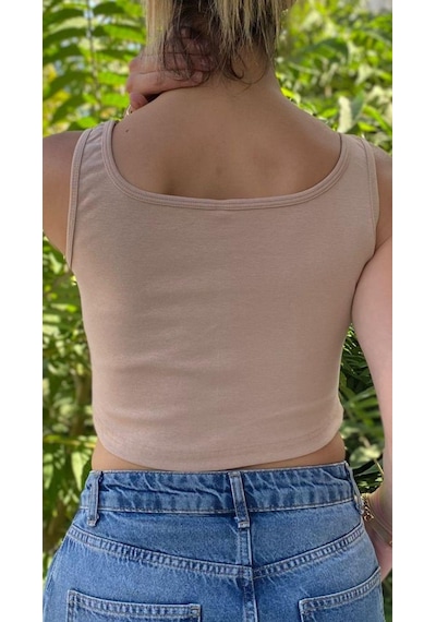 Afri Kadın Vizon Basic Ribana Atlet Crop Likralı Spor Üst Vizon