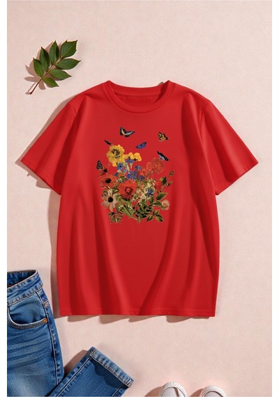 Uyguntarz Unisex Renkli Çiçekler Baskılı Tasarım Tshirt Kırmızı