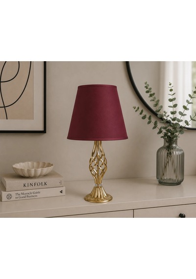 Bordo Kumaş Başlık Gold Burgu Ayaklı Modern Abajur 50x25 Cm