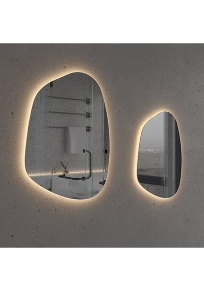 30x41 Cm Asimetrik Led Aydınlatmalı Ayna Touch Sensörlü, Dimmer Özellikli Günışığı 3000k Modern Duvar Dekoru Sarı