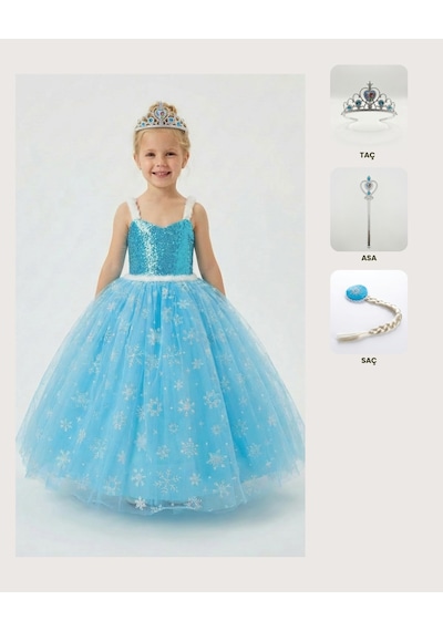 Butikhappykids Frozen Elsa Kostümü Askılı Kız Çocuk Prenses Elbisesi Taç Asa Saç Hediyeli Mavi
