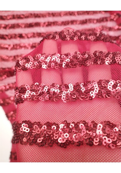Kırmızı Renkte File Üzeri Enine Pul Payet İşlemeli Kumaş Elbiselik & Bluzluk 125x225cm-12550