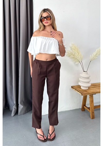 Giysa Kadın Beli Lastikli Çift Cepli Havuç Kesim Pantolon Kahverengi - 3229