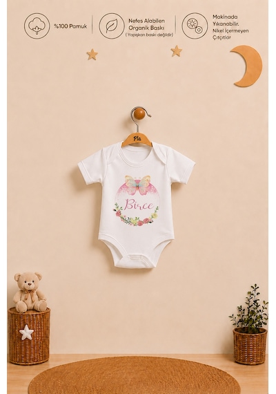 Pia Baby İsme Özel Kız Bebek Kısa Kollu Body Zıbın %100 Pamuk Alttan Çıtçıtlı Organik Baskılı Bebek Body 1034bayx Ekru