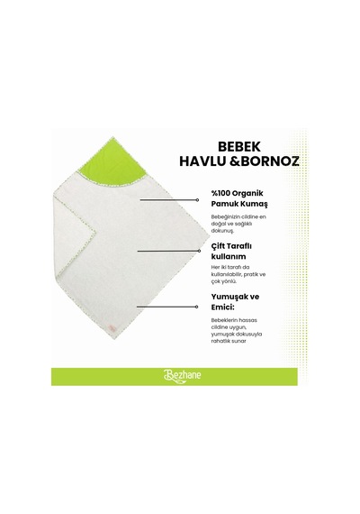Bezhane %100 Pamuklu Havlu Çift Taraflı Kundak Bebek Yeşil Baykuş Çok Renkli
