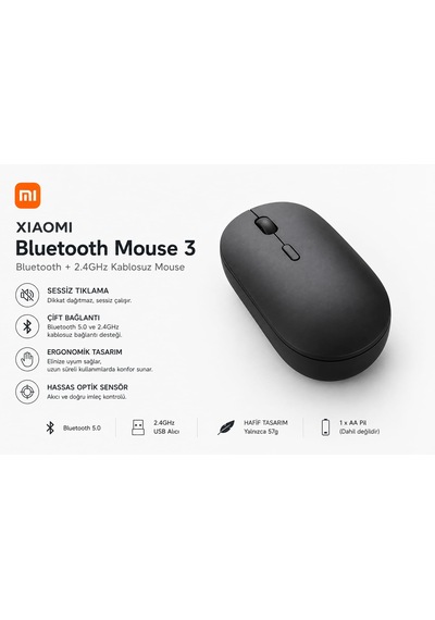 Xiaomi Bluetooth Mouse 3 2.4ghz Kablosuz Sessiz Mouse 000102