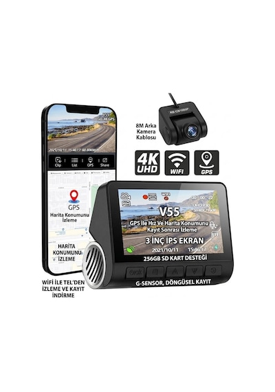 Araç Çift Kamera Seti Wi-fi Dvr 4k Ultra Hd Ön Arka Geniş Açı Akıllı Telefon Bağlantısı Gps Takibi 256gb Sd Kart Twogo Go-4k Gps