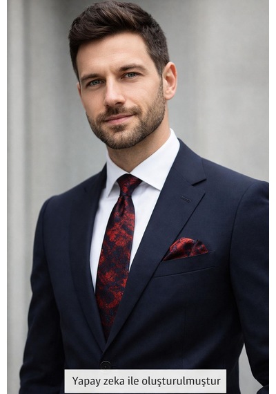 Gaffy Lacivert Kırmızı Desenli Bordo Dokuma Kumaş Mendilli Slim Fit Kravat // Sdk-2608-4 Bordo