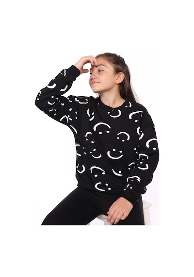 Toontoy Kız Çocuk Komple Gülen İfade Baskılı Sweatshirt Siyah
