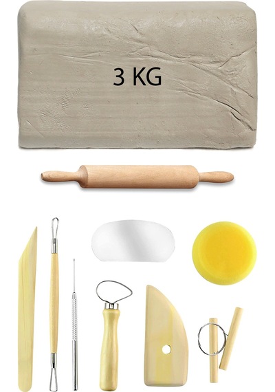 Beyaz Seramik Hamuru 3 Kg Başlangıç Seti 8 Parça Merdane