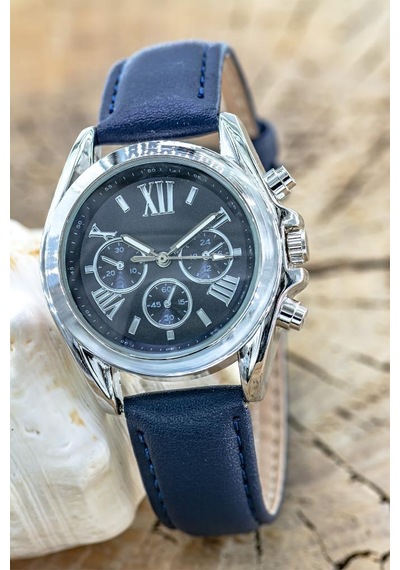Kadın Kol Saati Lacivert Deri Kordon Roma Rakamlı Analog Kadran St-304450 Gümüş